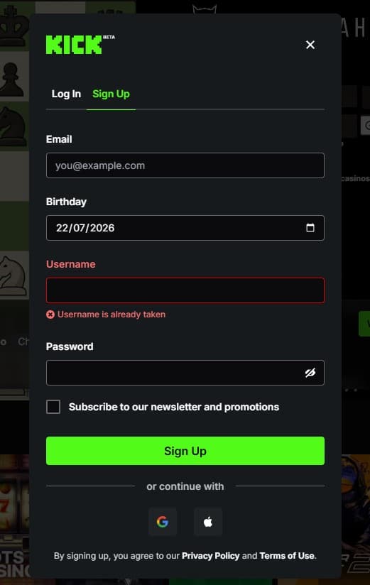 KICK.com sign up page