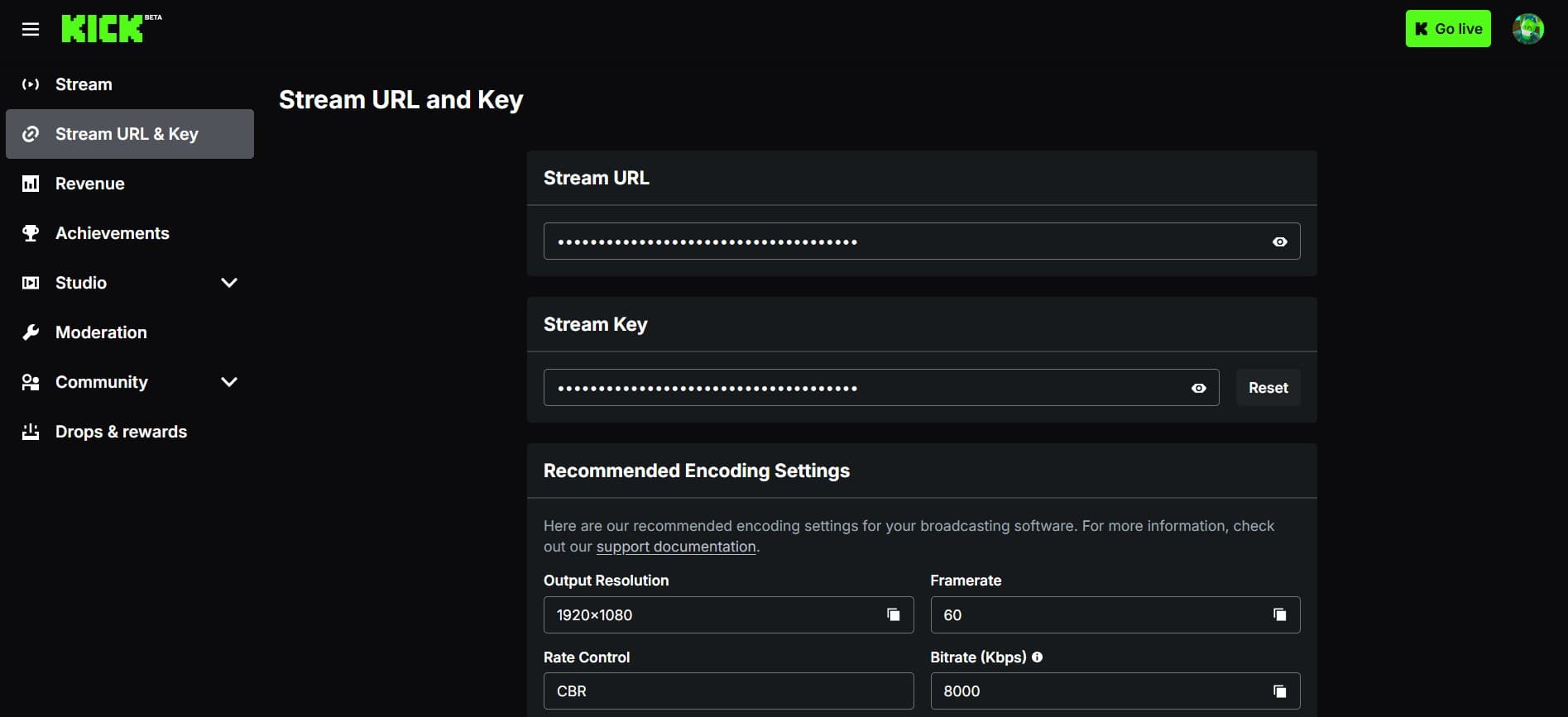 Stream key settings page