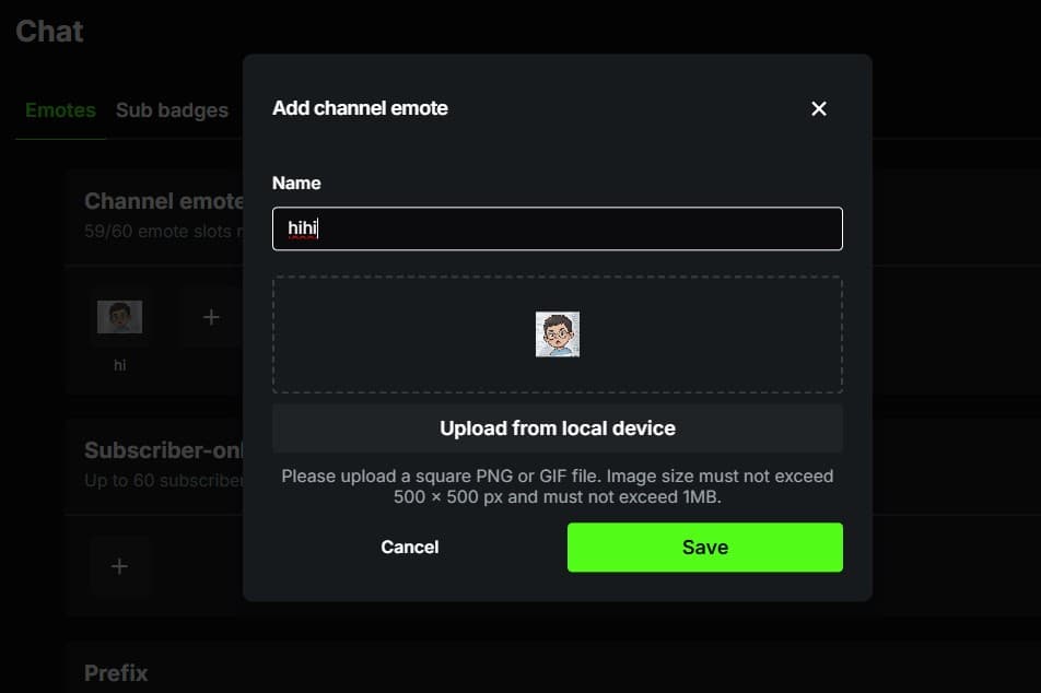 Emotes and Badges upload page