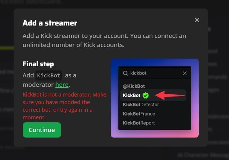 KickBot login page