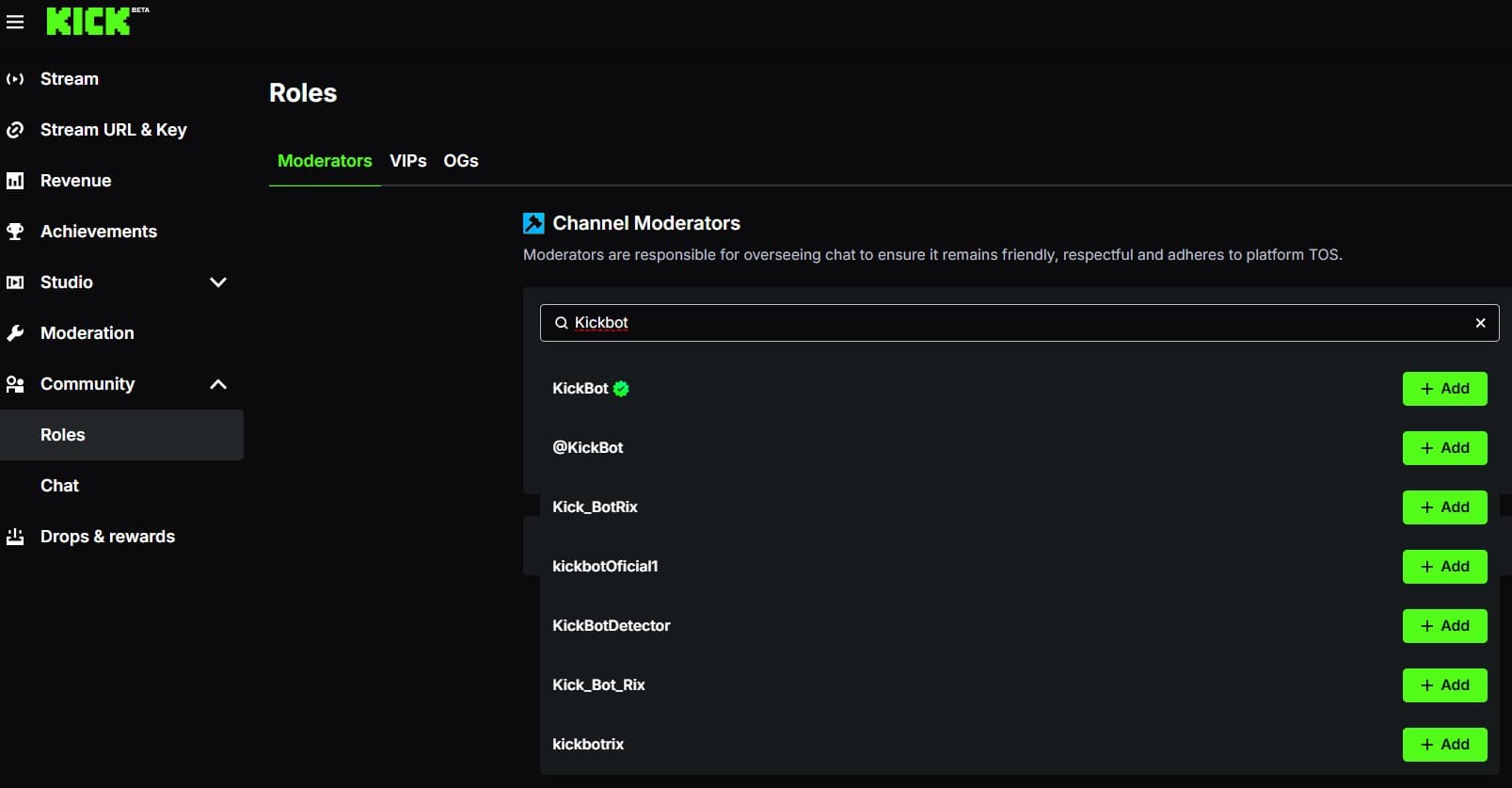 KICK moderators dashboard — adding KickBot