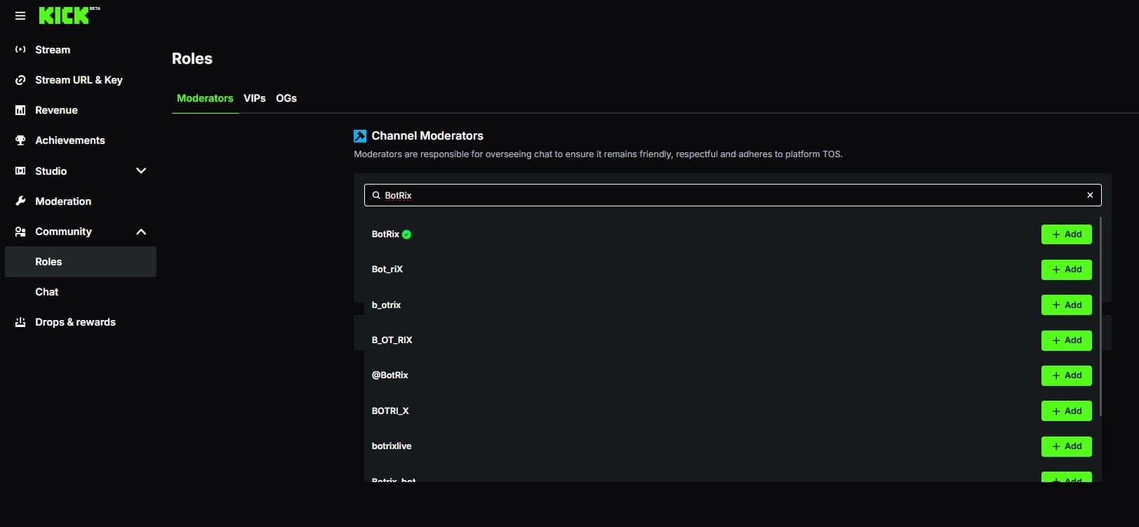 KICK moderators dashboard — adding BotRix
