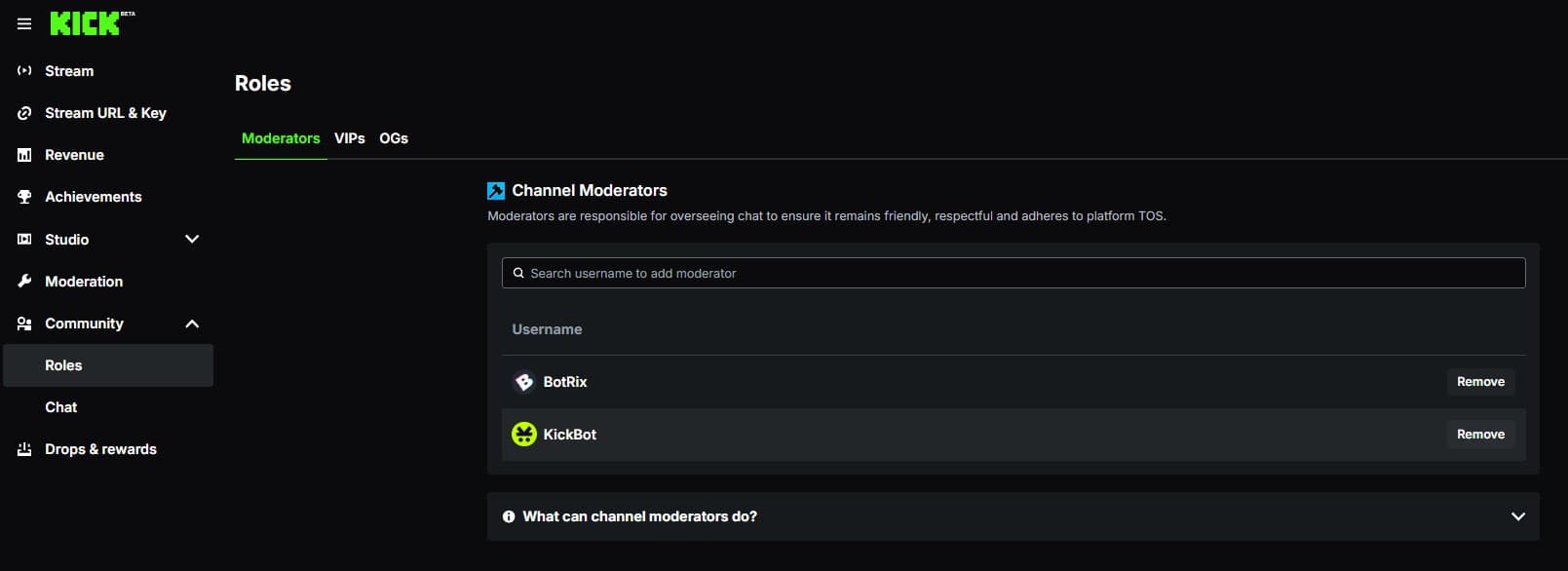 Adding a Moderator in KICK Community Dashboard