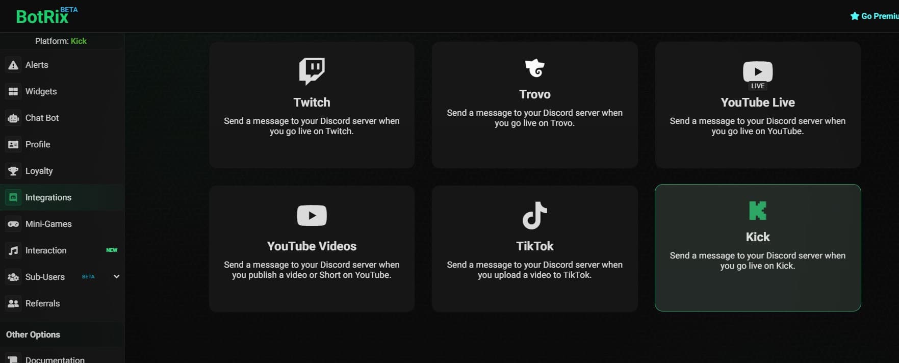 BotRix Integrations page with the Kick platform card