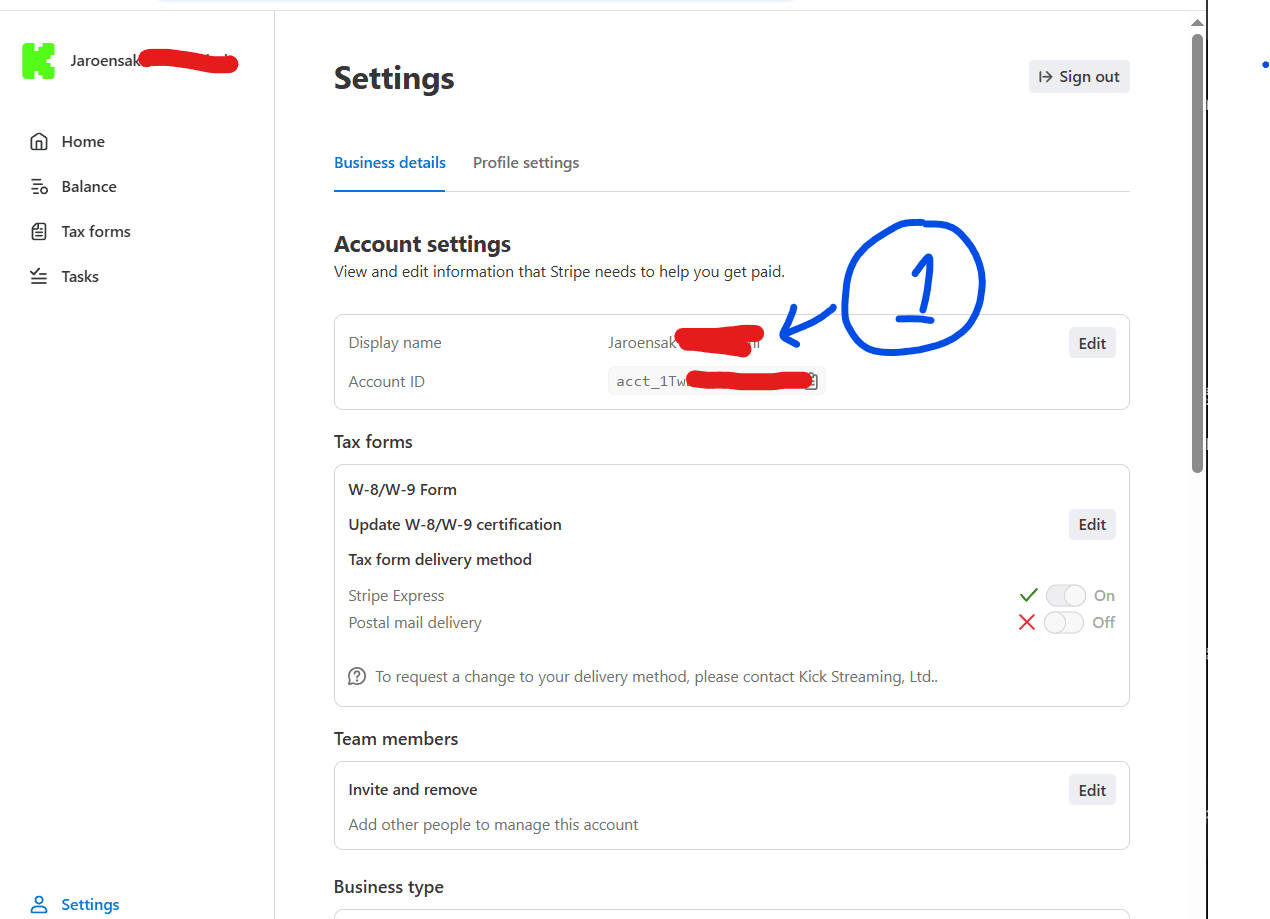 Stripe Express Settings — Account Details Display Name