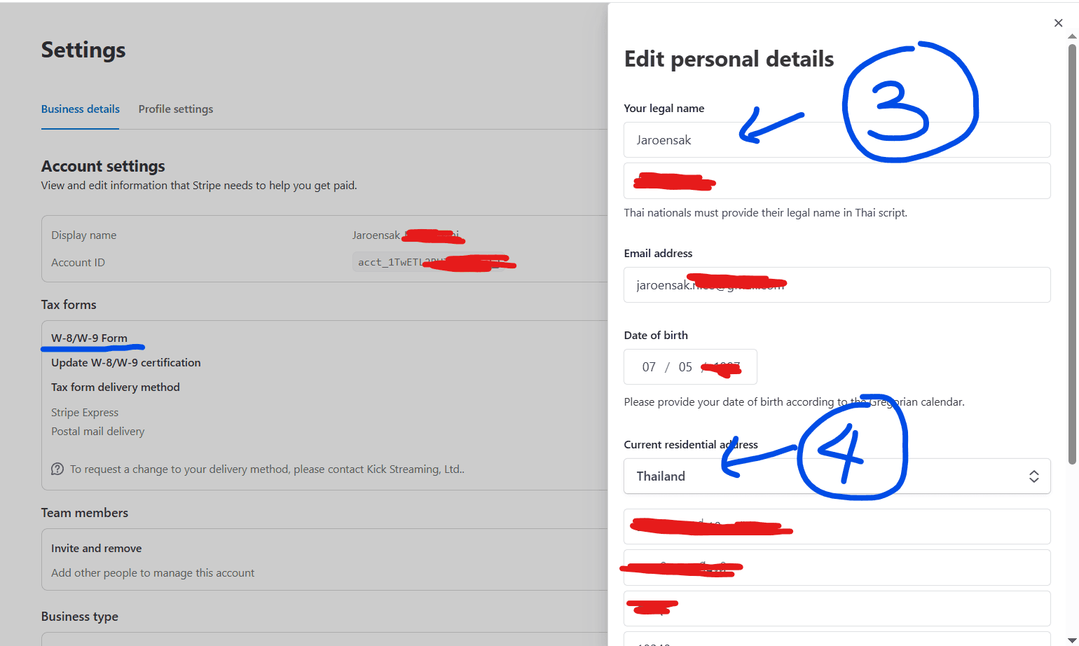 Stripe Express — Edit Personal Details Legal Name and Residential Address